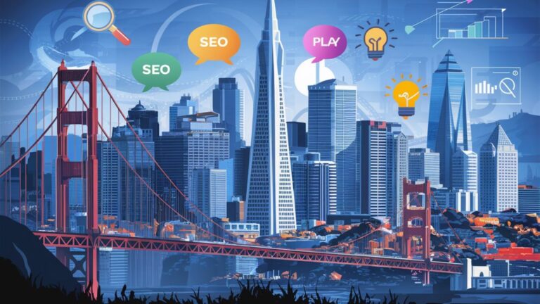 Illustration of San Francisco skyline with digital marketing icons