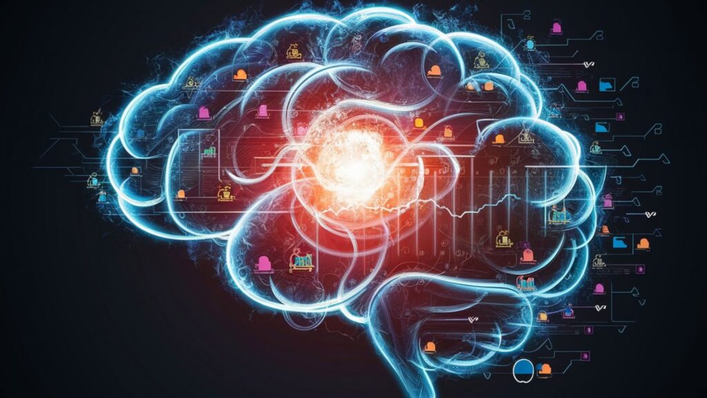 Vector graphic of a brain made of data streams and analytics symbols