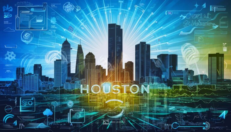Vector illustration of Houston skyline with digital marketing icons