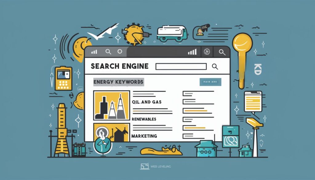 Vector illustration of search engine results page with energy-related keywords