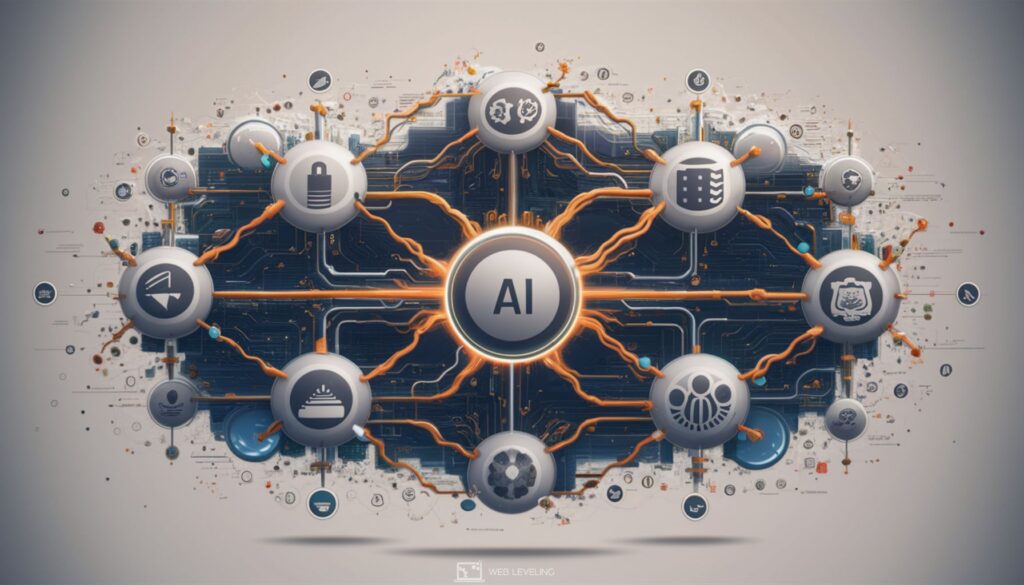 Vector illustration of interconnected AI marketing tools and platforms